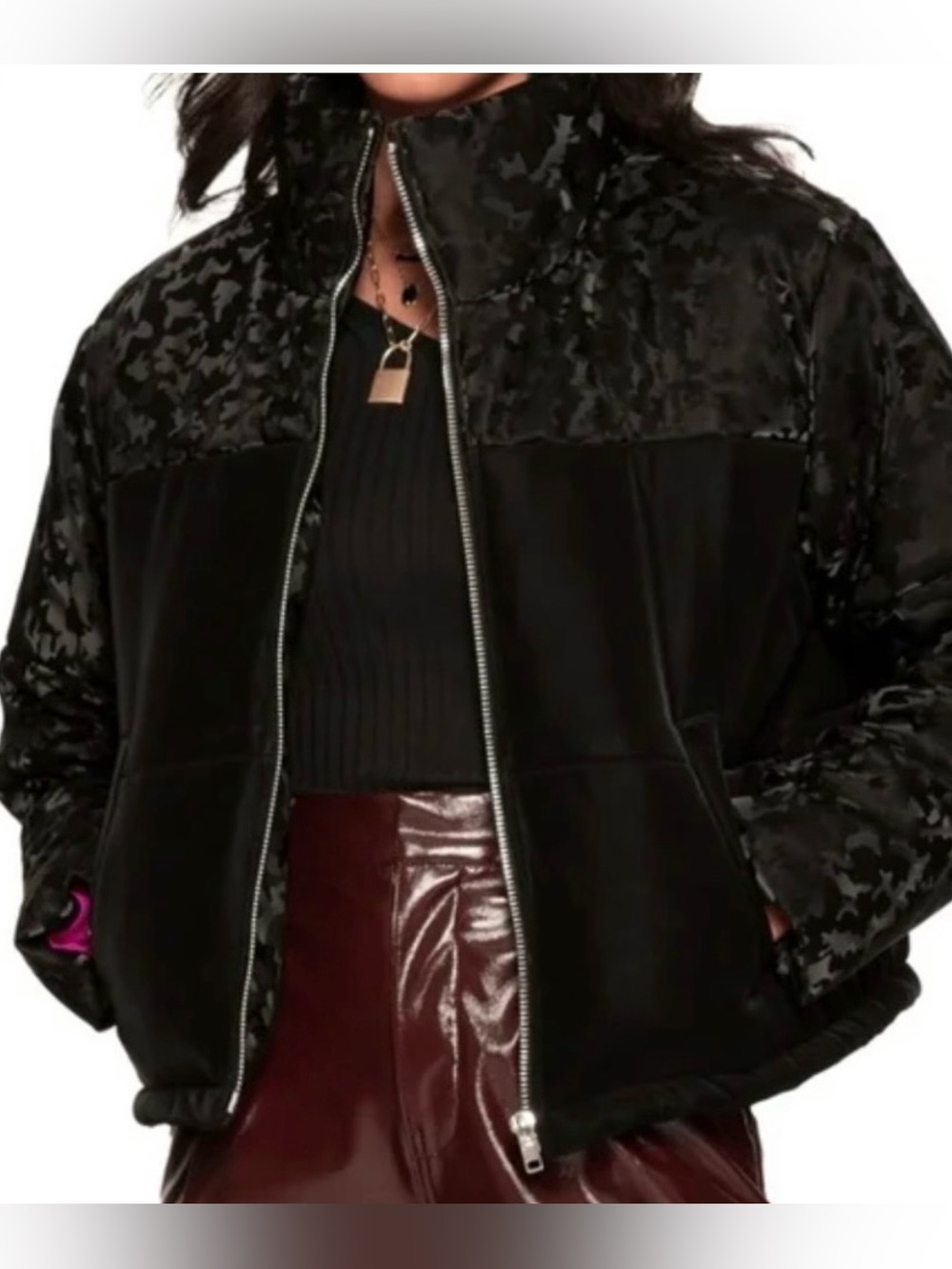 Black Puffer Jacket Colorblock Camo Print Cropped Zip Up